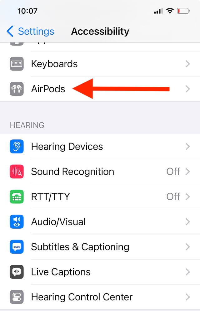 AirPods Control center accessibility sounds