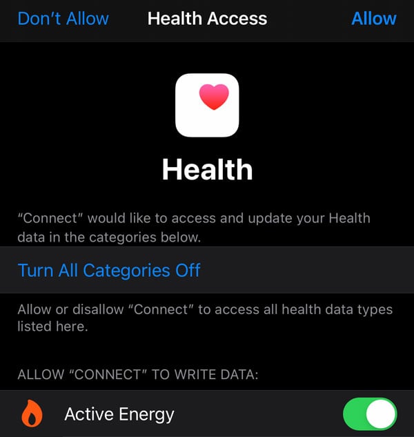 Izinkan atau jangan izinkan Garmin Connect untuk sinkronisasi dengan Apple Health App di iPhone