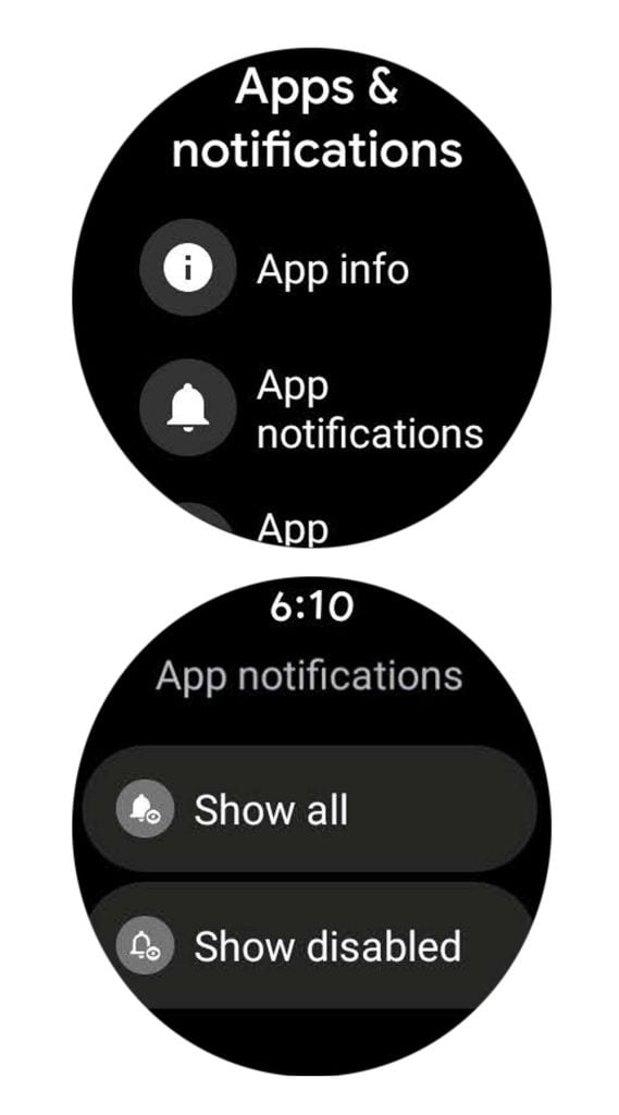 Wear OS watch Settings app for app notification settings 