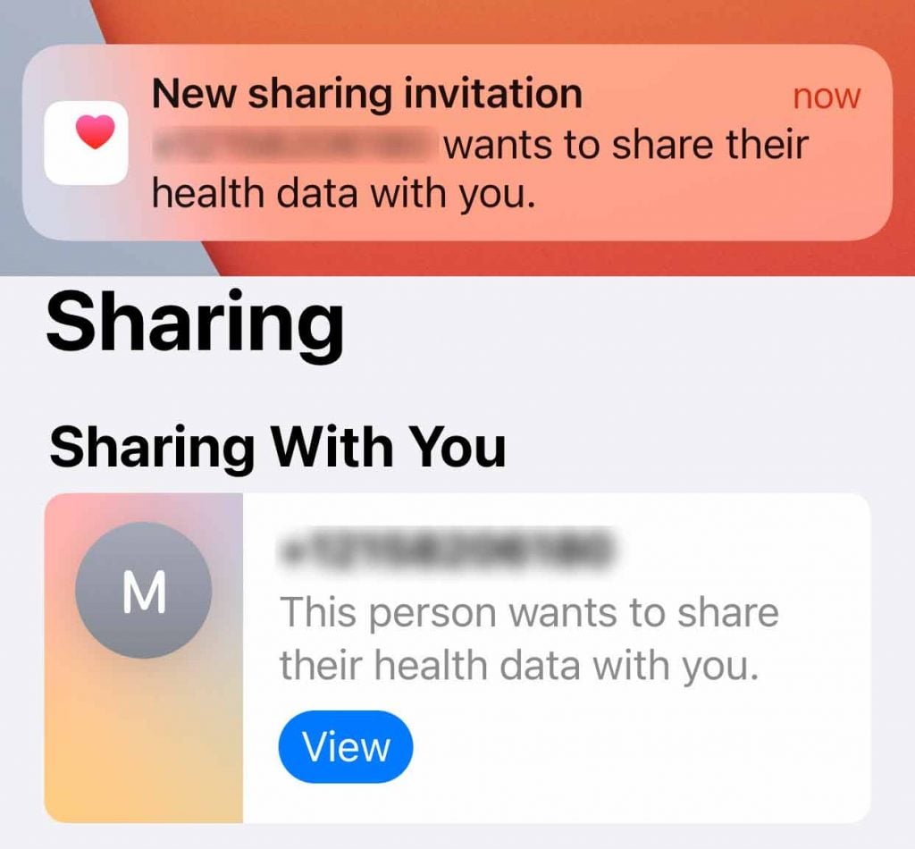 Apple Health app notifies the person you wish to share your health data with via a notification or inside the Health app