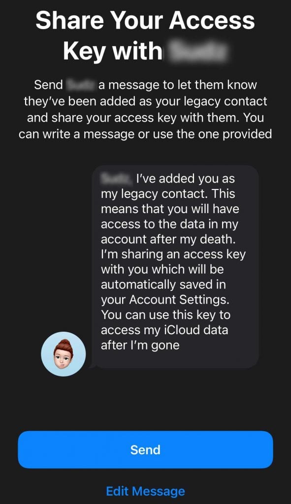 text message to add a person as your Apple ID digital legacy contact