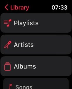 Library options on Music app Apple Watch