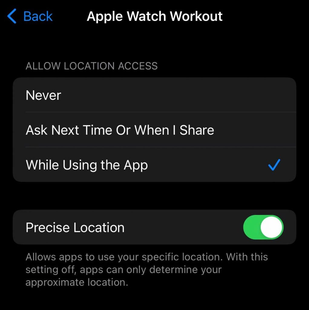 Apple Watch workout settings and permissions for location services