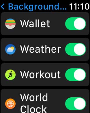 Weather app background app refresh settings on Apple Watch in Settings app