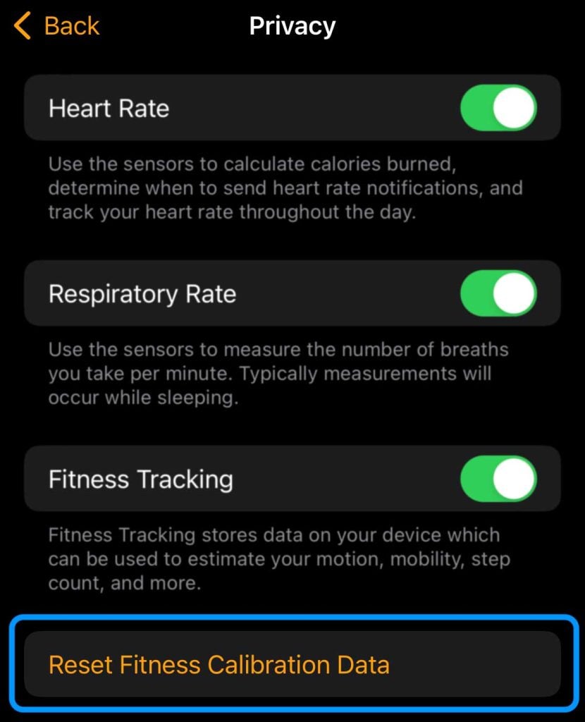 Apple Watch reset fitness calibration data
