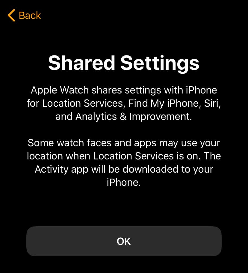 Pairing Apple Watch to iPhone shared settings prompt