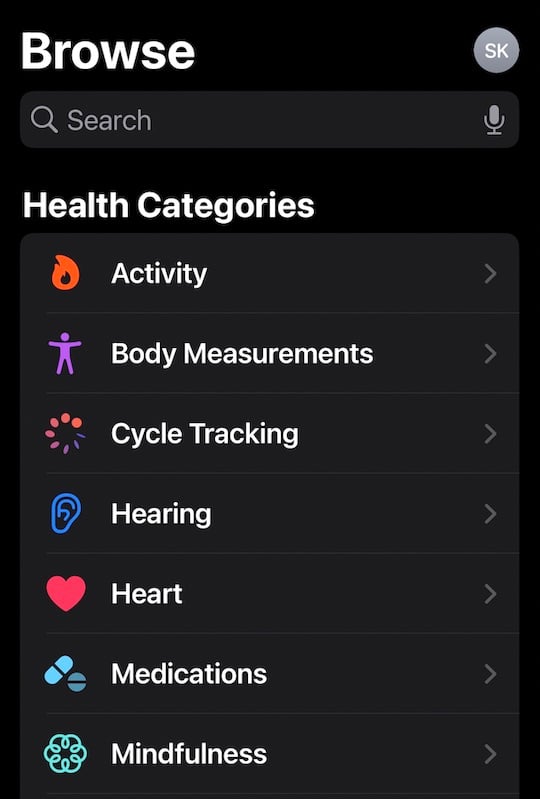Open the Browse tab in Health app