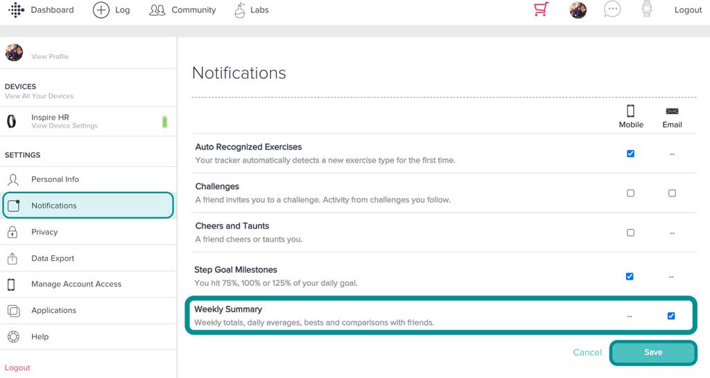 Fitbit's online dashboard for account notification settings and weekly progress reports