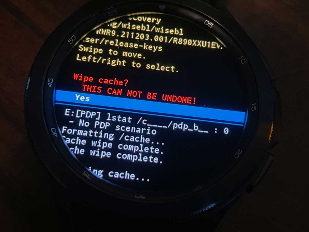 confirmation to wipe cache on Samsung Galaxy Watch 4
