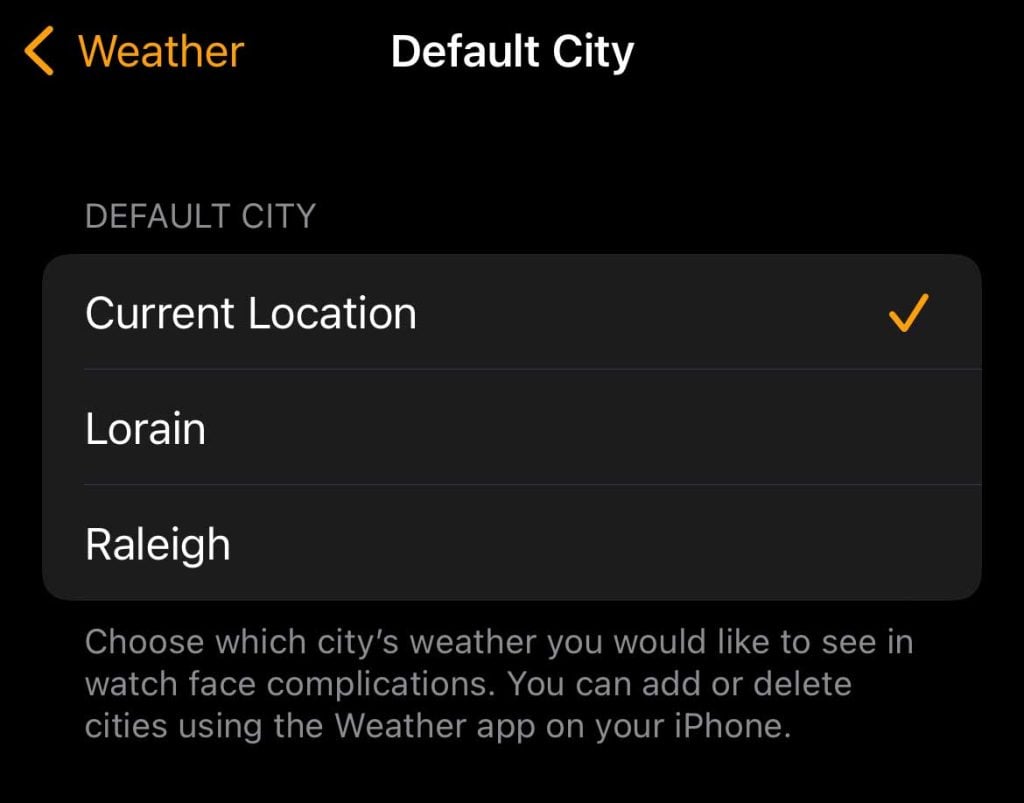 set your Apple Watch weather app default city to current location