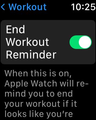 toggle on end workout reminder on Apple Watch