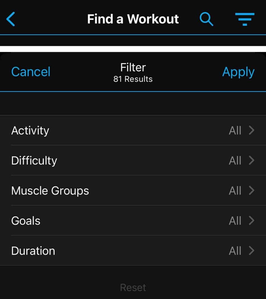 Garmin Connect filter workout results