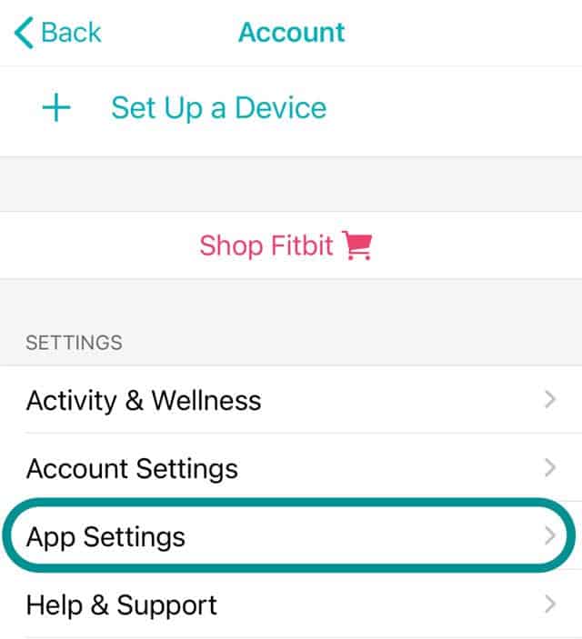 Fitbit app account setting section for app settings