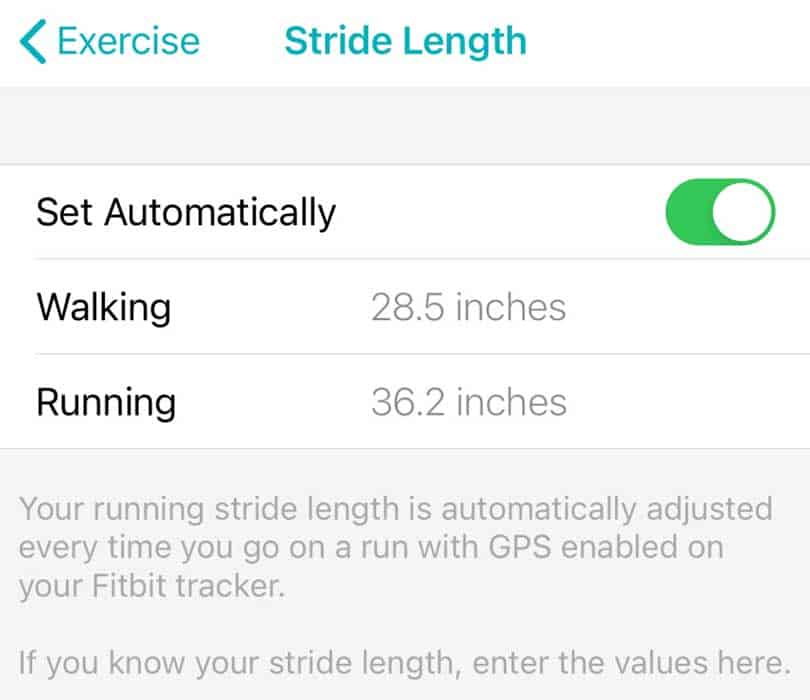 stride length options in Fitbit app