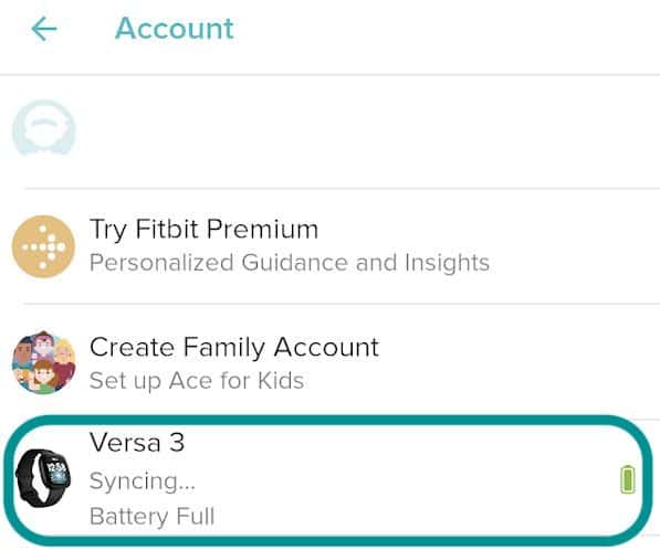 Fitbit device in the list of Fitbit app account settings