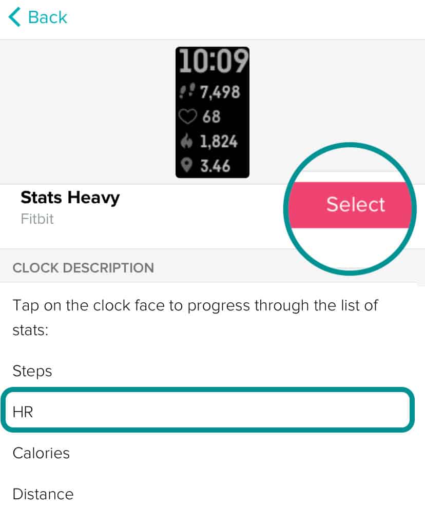Fitbit clock face that includes heart rate data