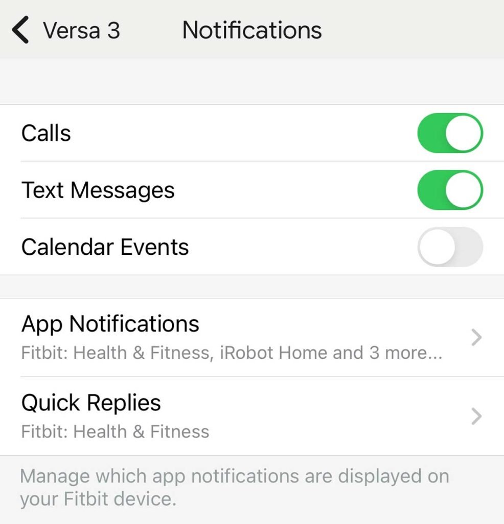 notification settings inside the Fitbit app