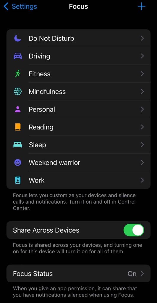iPhone settings app Focus settings including share options