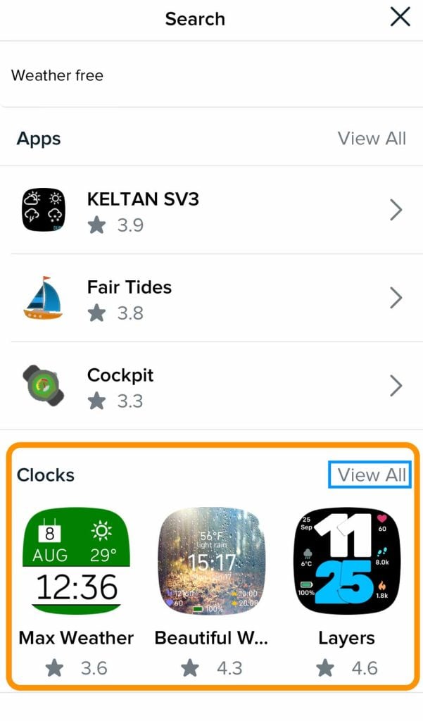 Clock face search results in Fitbit app