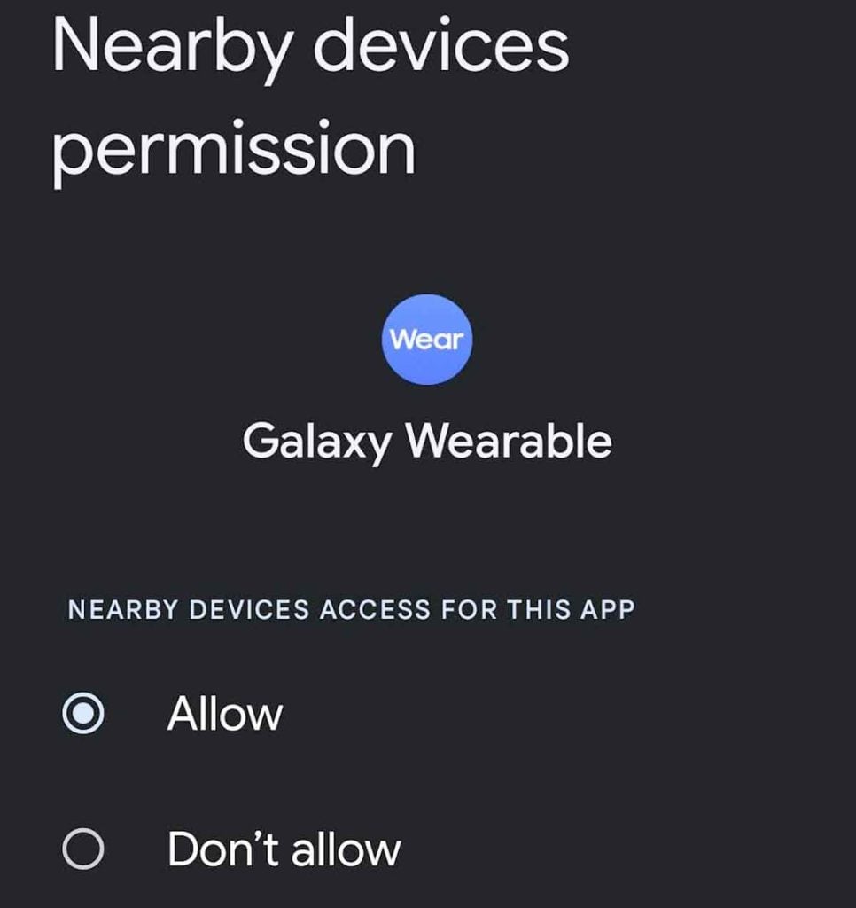 Nearby devices permission settings in Galaxy Wearable app