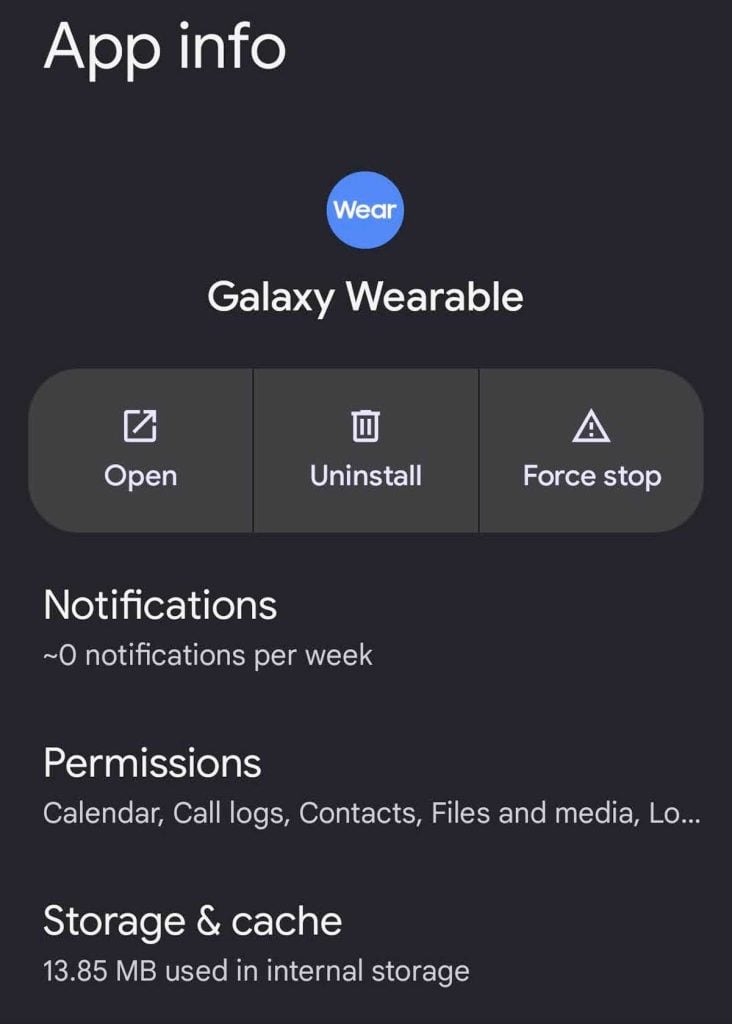 storage and cache settings on Samsung Galaxy Wearable app