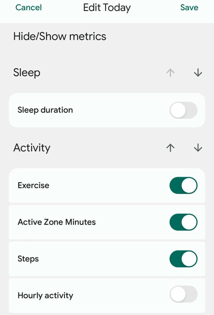 Fitbit app hide or show metrics for Today tab