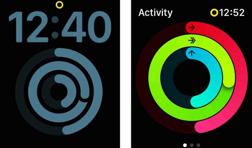 Apple Watch indicates its in low power mode via a yellow circle
