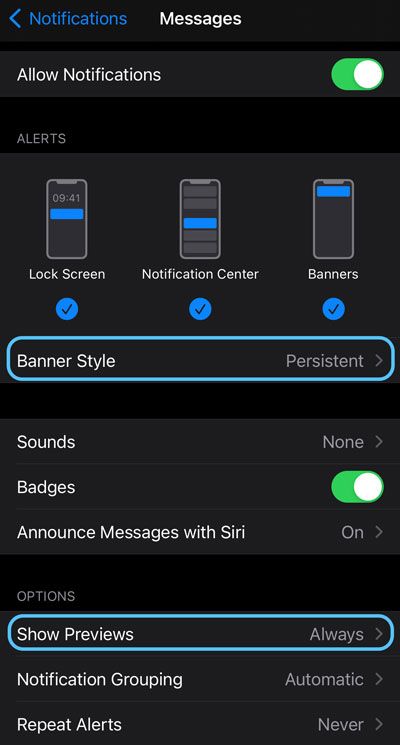 iPhone Messages app notification settings to sync with Fitbit