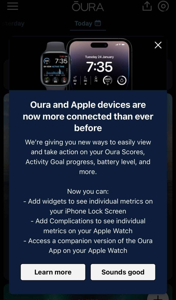 Apple Watch message on Oura app