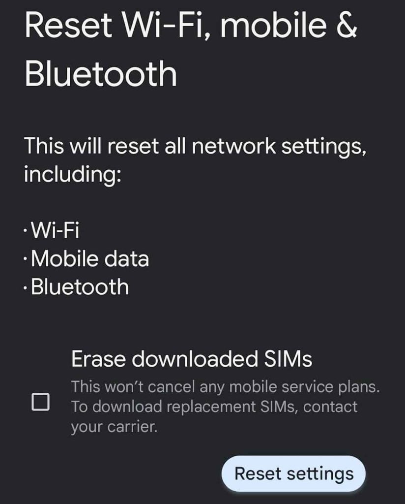 Android reset network settings