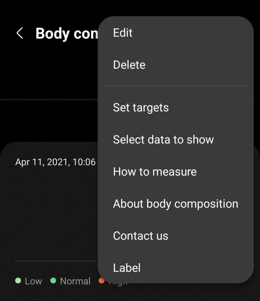 Samsung Health app Set Targets for your body composition