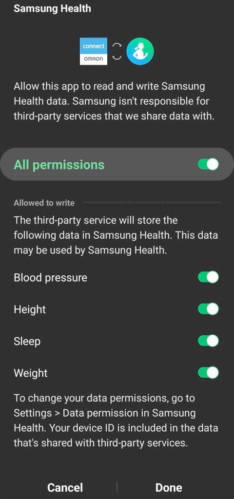 Allow Omron Connect app to write data to Samsung Health app