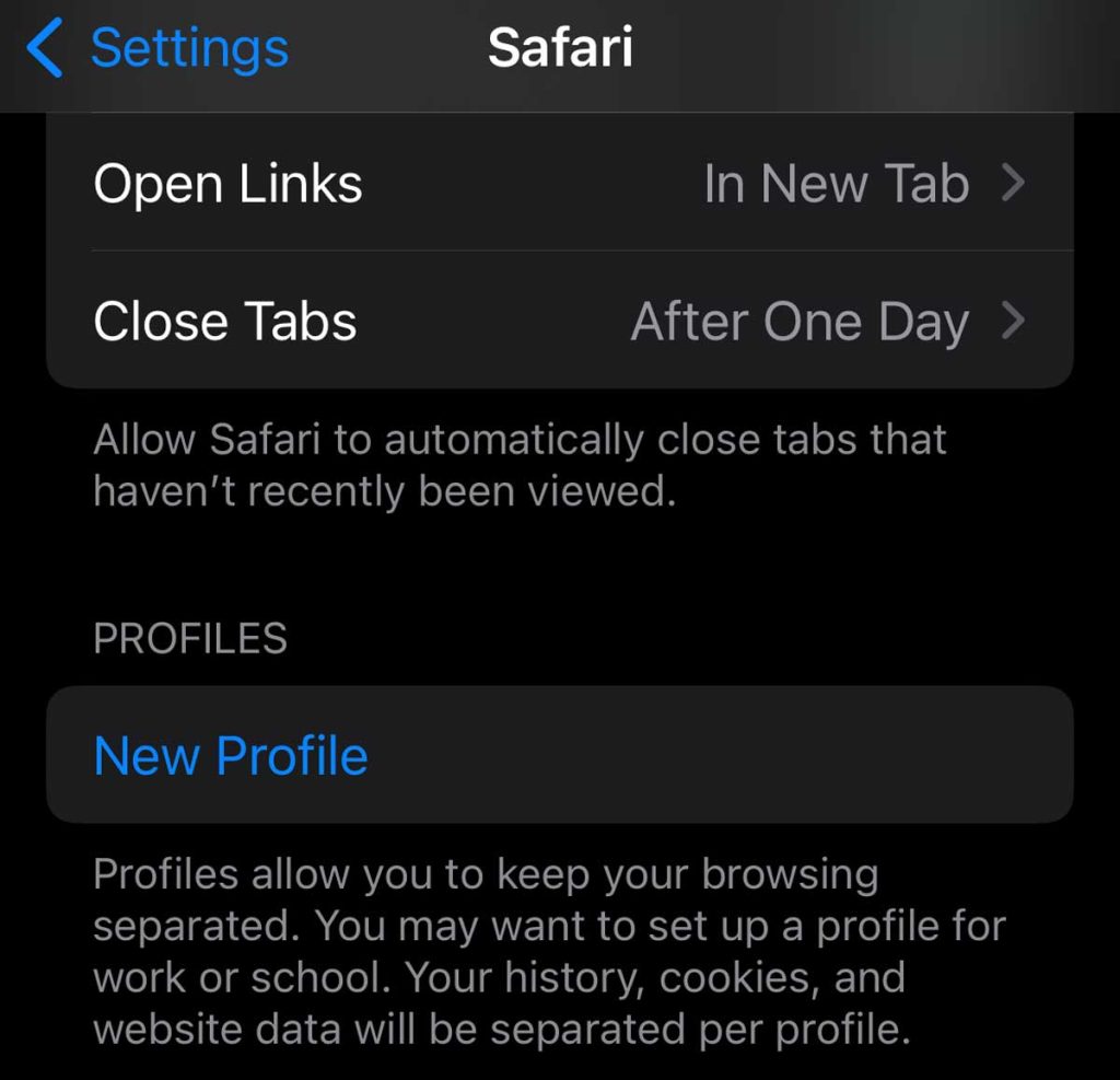 new Safari profile on iPhone