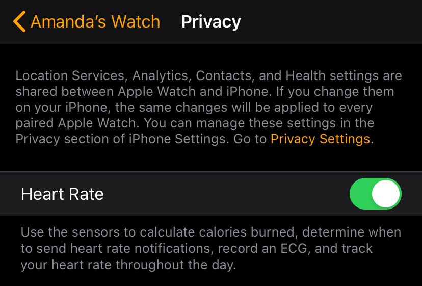 watch app on iPhone turn on heart rate monitoring