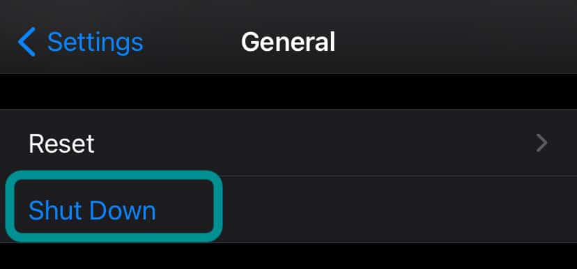 iPhone settings app shutdown option