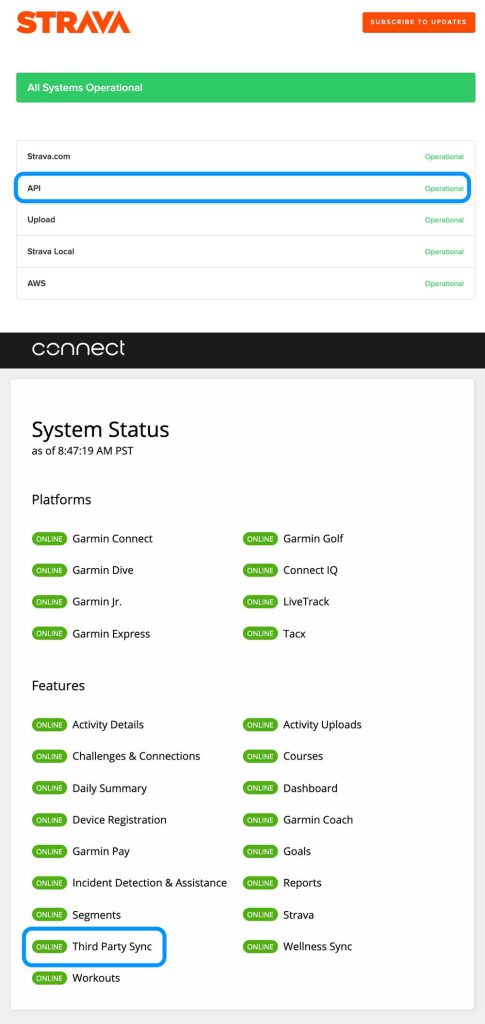 Garmin and Strava online system status