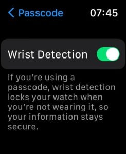 Apple Watch wrist detection settings