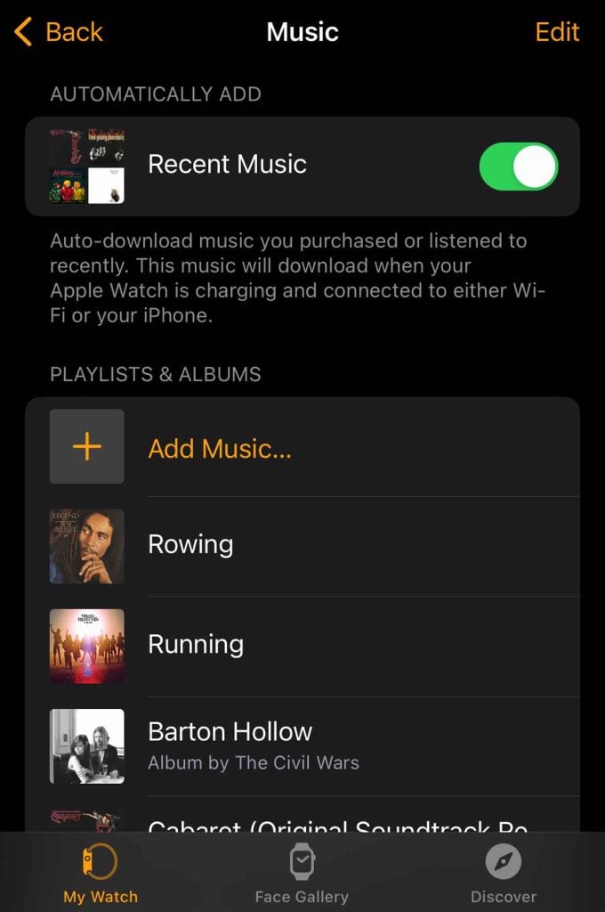 iPhone Watch app Recent Music toggle