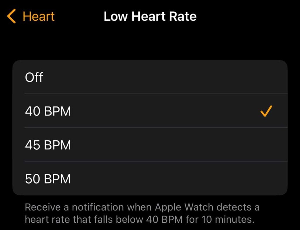 low heart rate notifications on Watch app iPhone