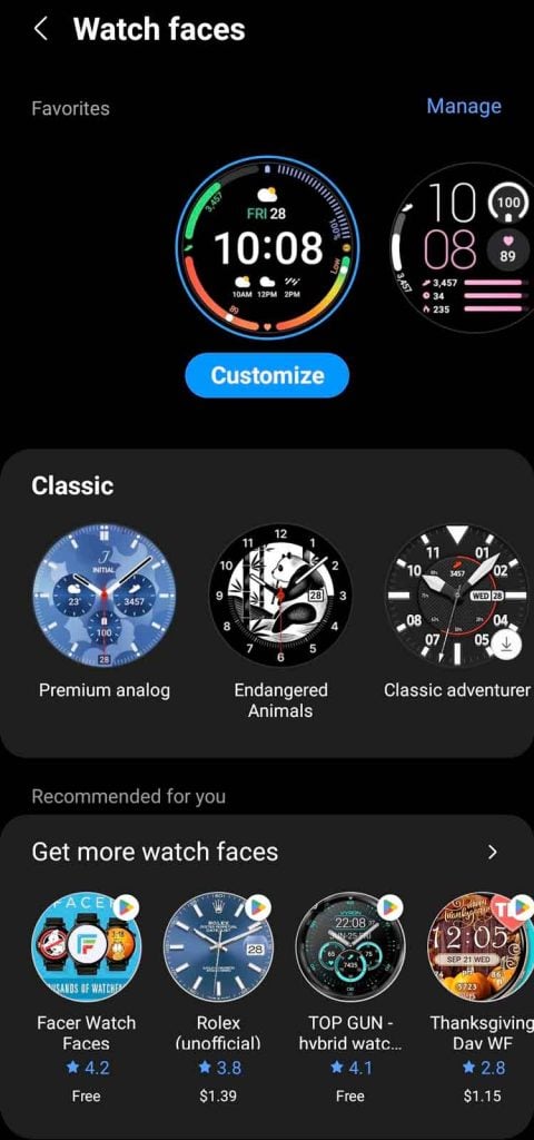 Samsung Galaxy Wearable app watch face options