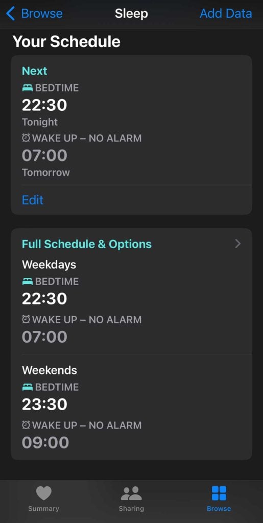 Sleep Schedule in iPhone Health app