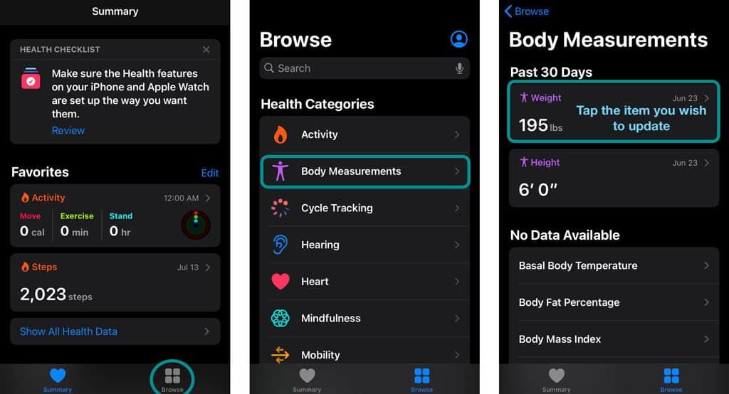 manually change body measurements on iPhone health app for apple watch