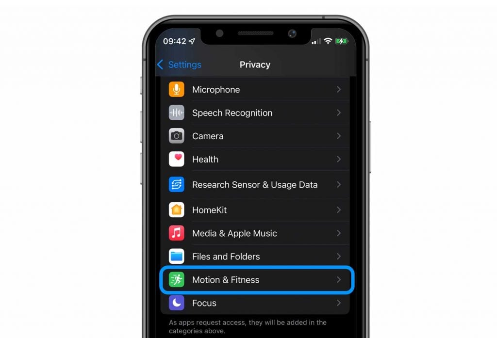 Motion and Fitness Privacy settings on iPhone