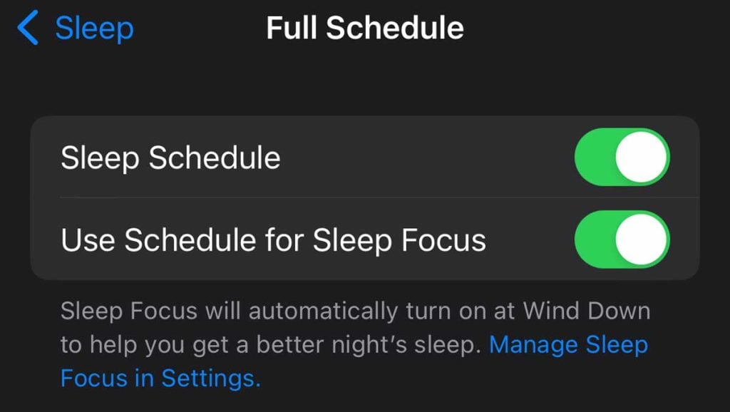Sleep focus full schedule settings on iPhone Sleep Focus