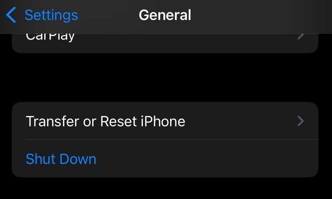 transfer or reset iPhone in Settings app