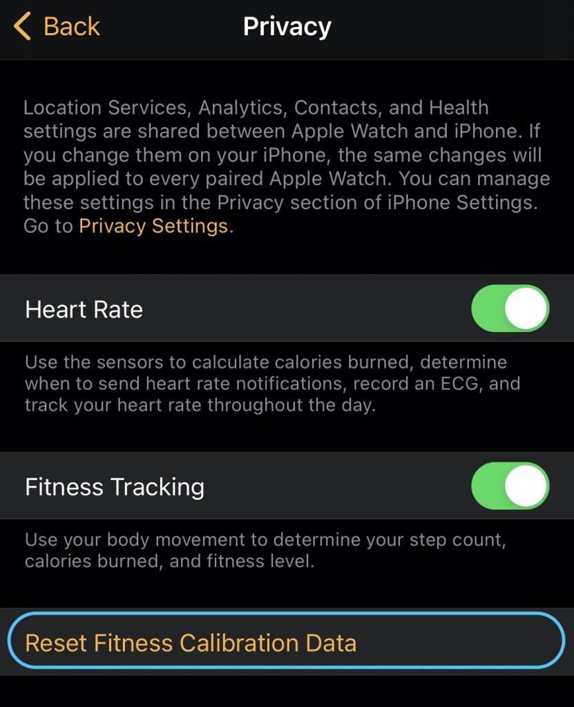 reseting calibration data on iPhone apple watch app